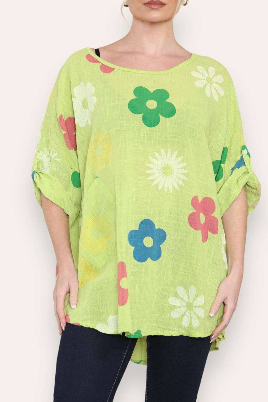 COLOURFUL FLORAL MINX PRINT TOP LIME