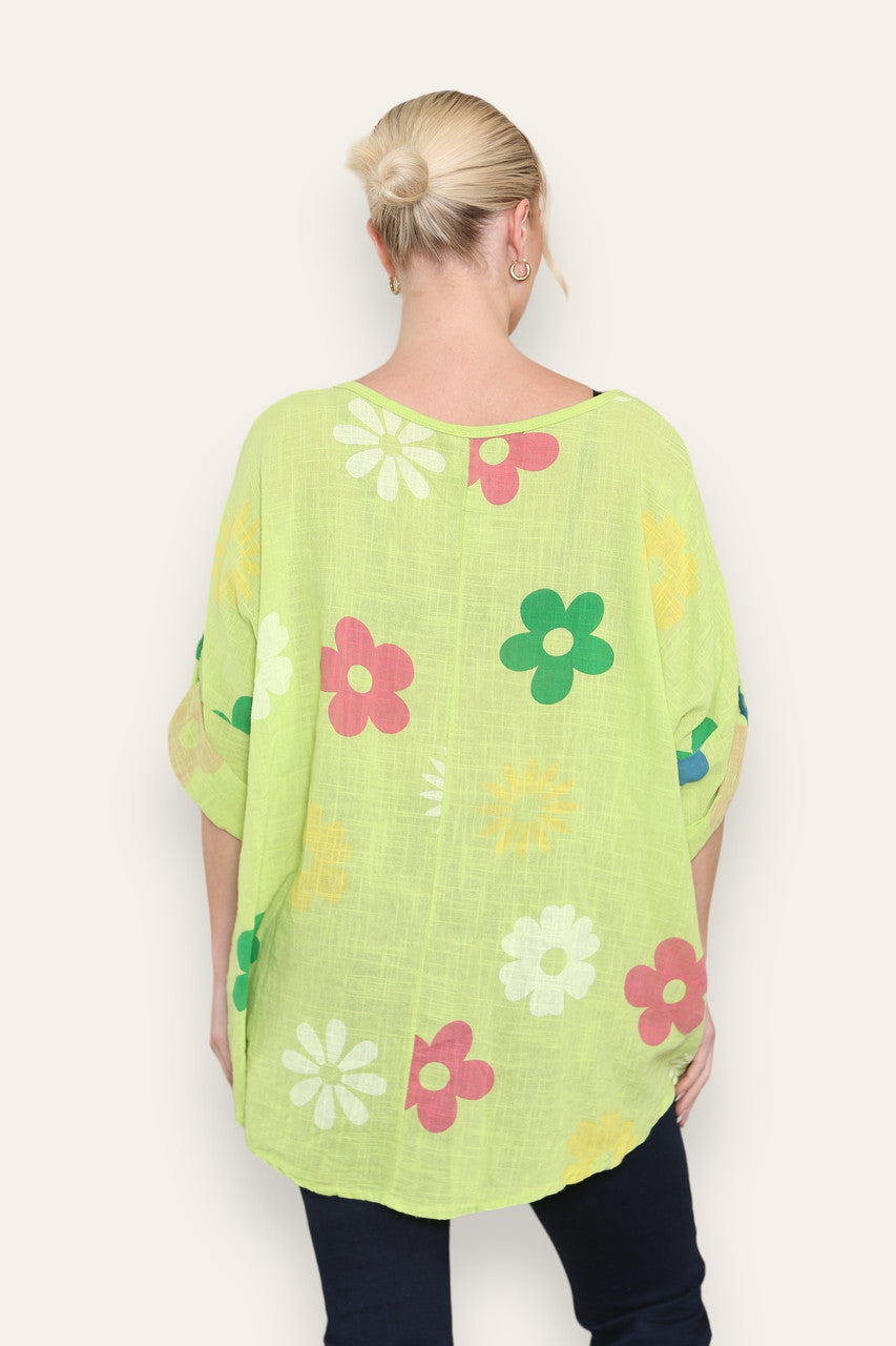 COLOURFUL FLORAL MINX PRINT TOP LIME