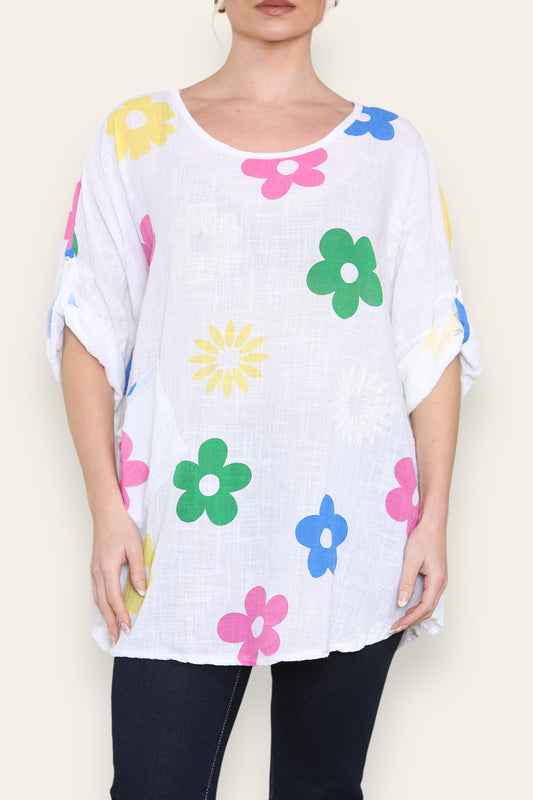 COLOURFUL FLORAL MINX PRINT TOP WHITE