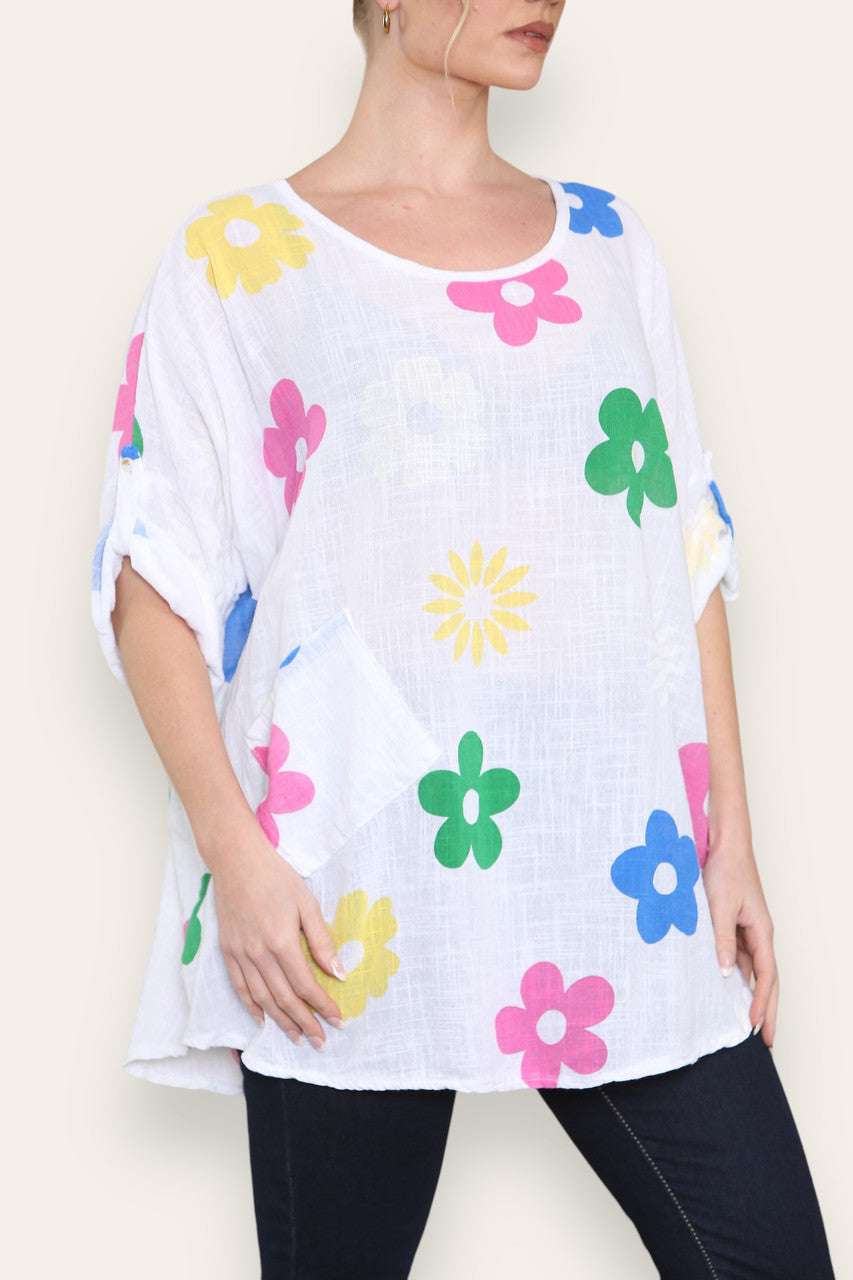 COLOURFUL FLORAL MINX PRINT TOP WHITE