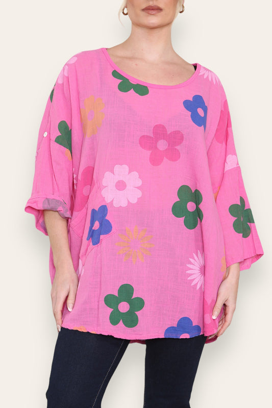 COLOURFUL FLORAL MINX PRINT TOP CERISE
