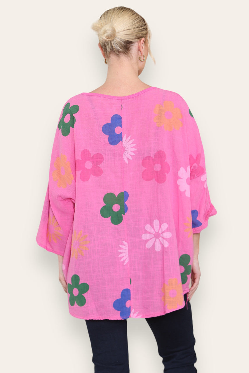COLOURFUL FLORAL MINX PRINT TOP CERISE