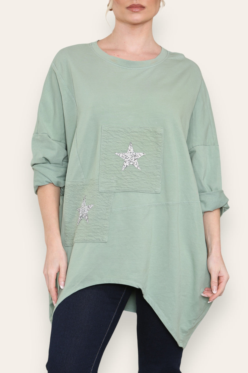 SEQUIN STAR COTTON SWEATSHIRT TOP KHAKI