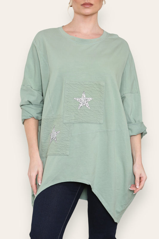 SEQUIN STAR COTTON SWEATSHIRT TOP KHAKI