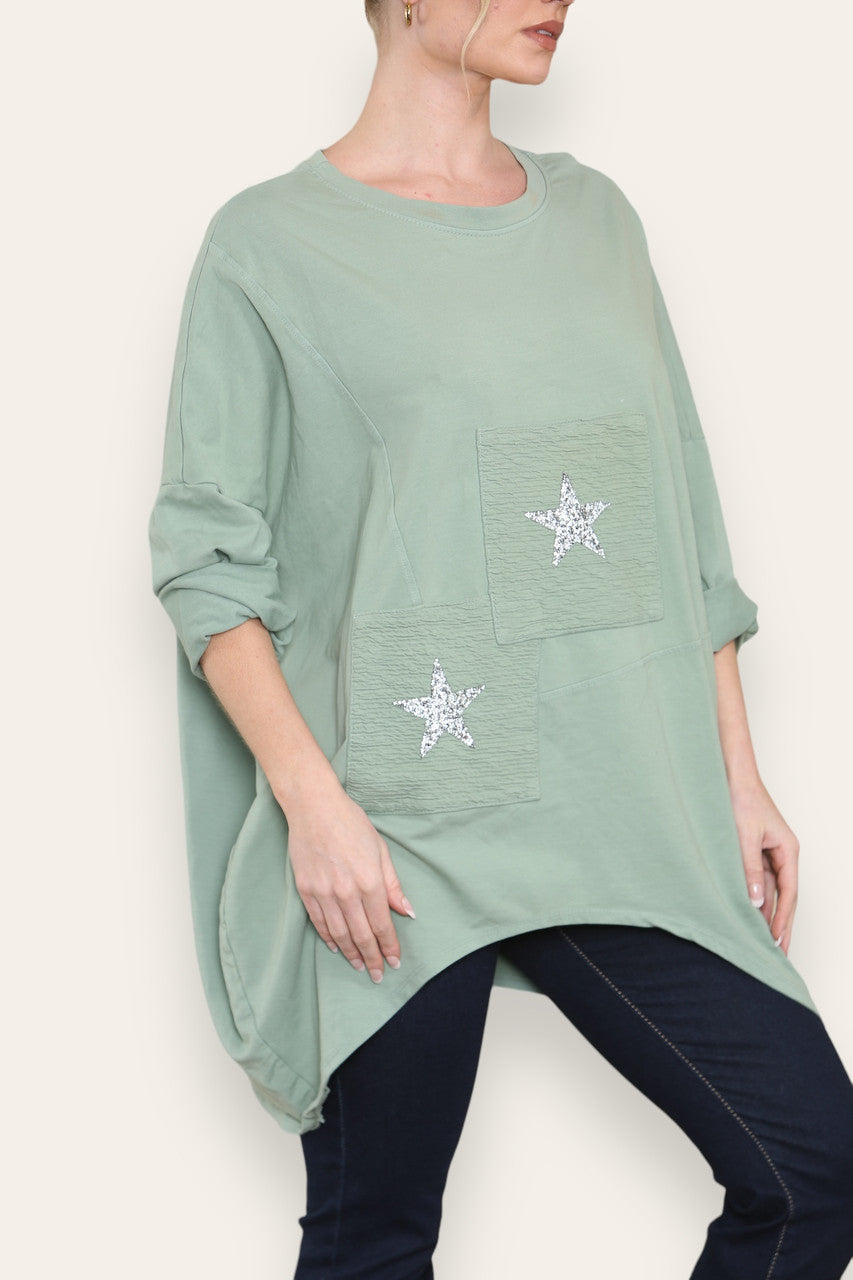 SEQUIN STAR COTTON SWEATSHIRT TOP KHAKI