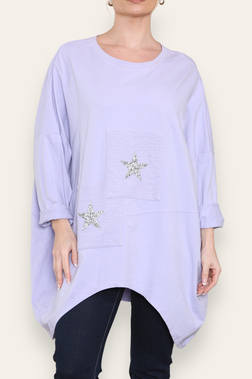 SEQUIN STAR COTTON SWEATSHIRT TOP LILAC