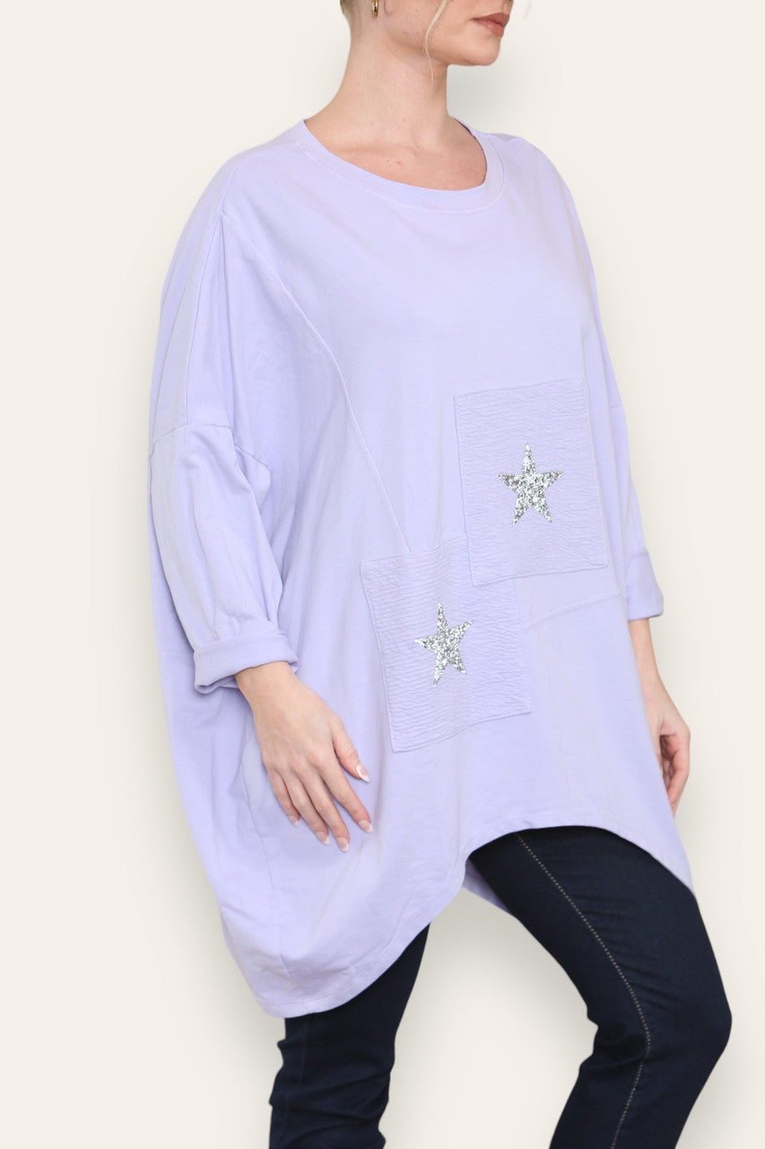 SEQUIN STAR COTTON SWEATSHIRT TOP LILAC