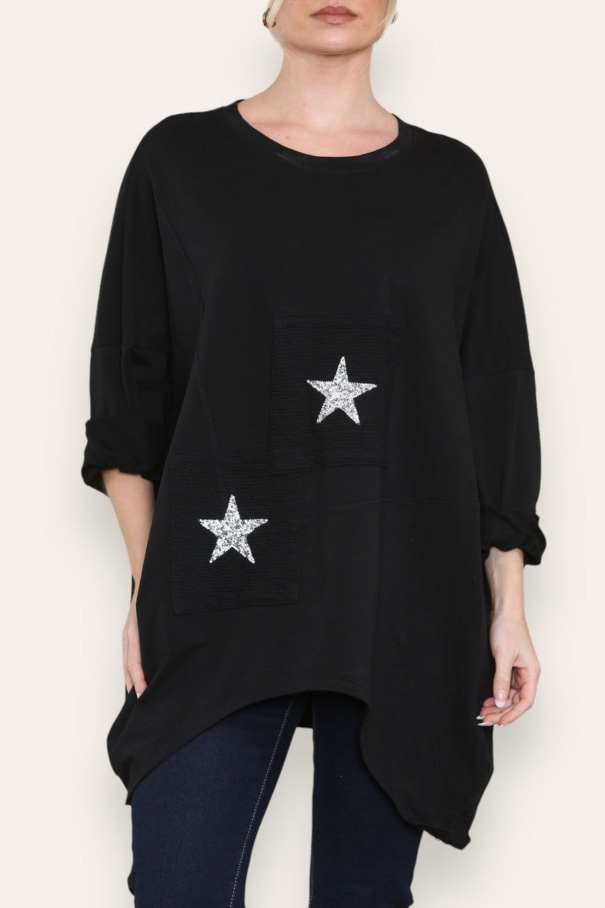 SEQUIN STAR COTTON SWEATSHIRT TOP BLACK