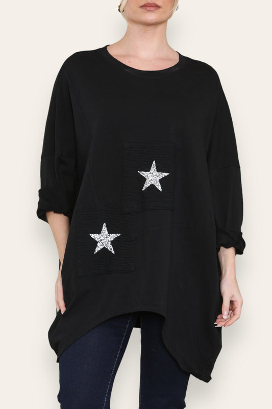 SEQUIN STAR COTTON SWEATSHIRT TOP BLACK