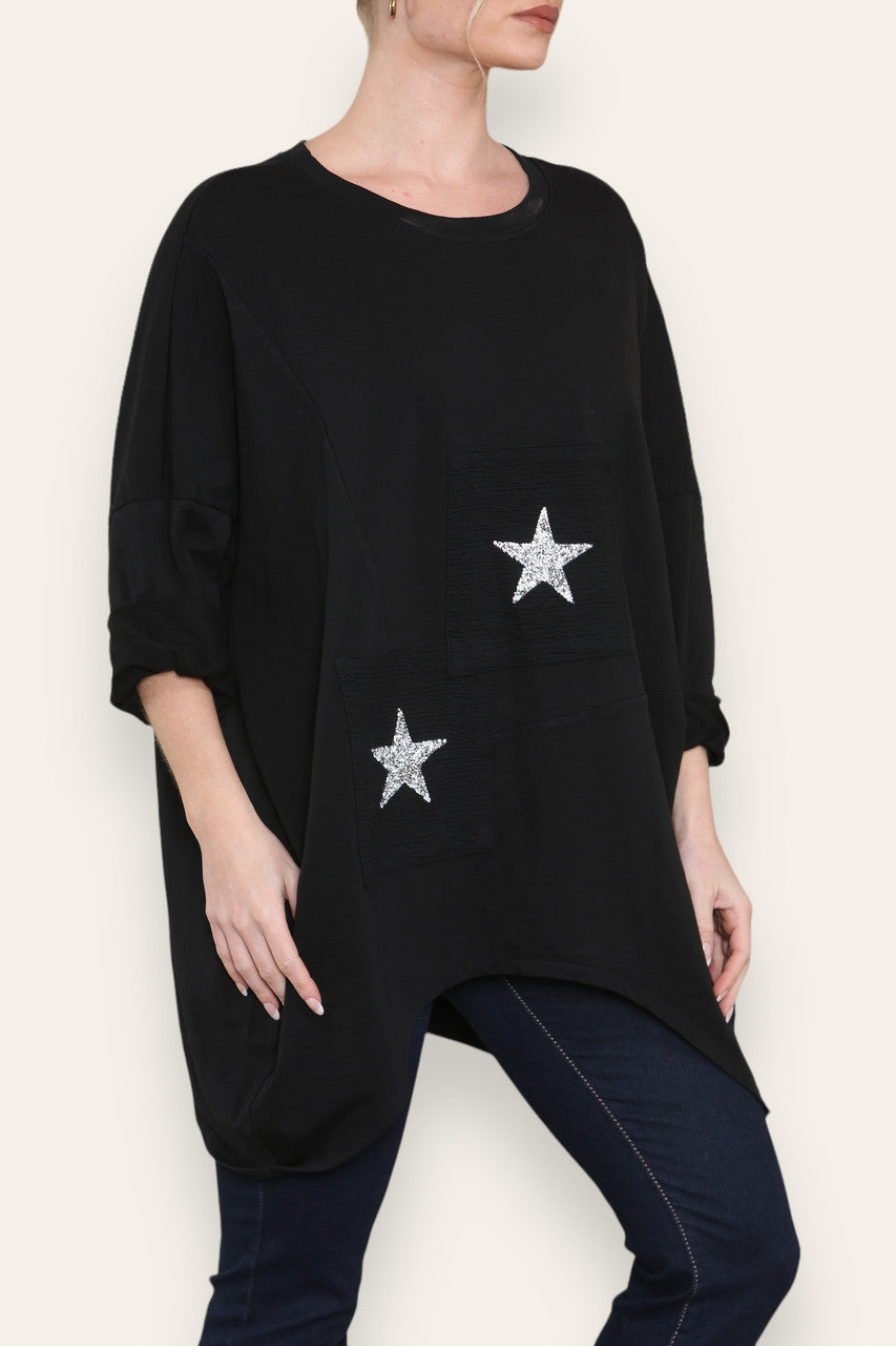 SEQUIN STAR COTTON SWEATSHIRT TOP BLACK
