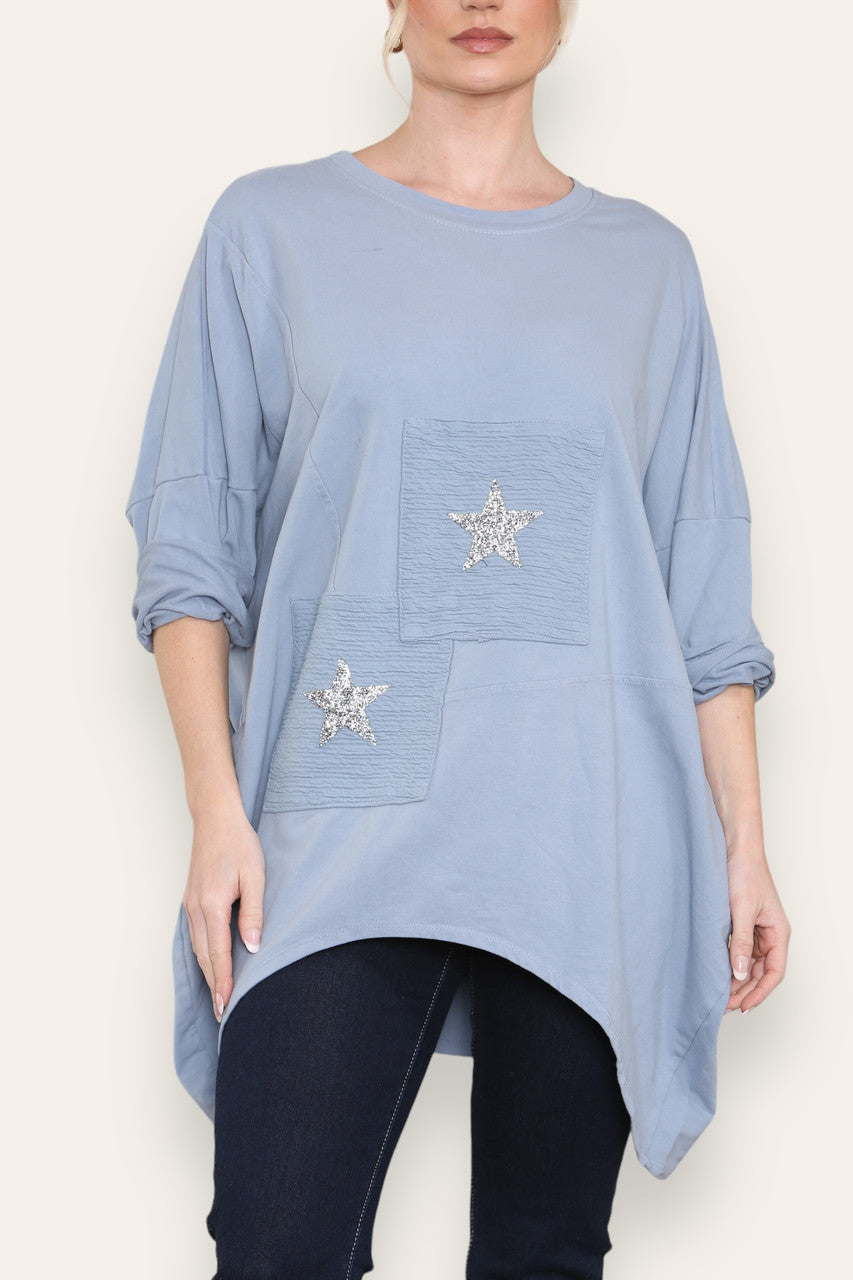 SEQUIN STAR COTTON SWEATSHIRT TOP DENIM