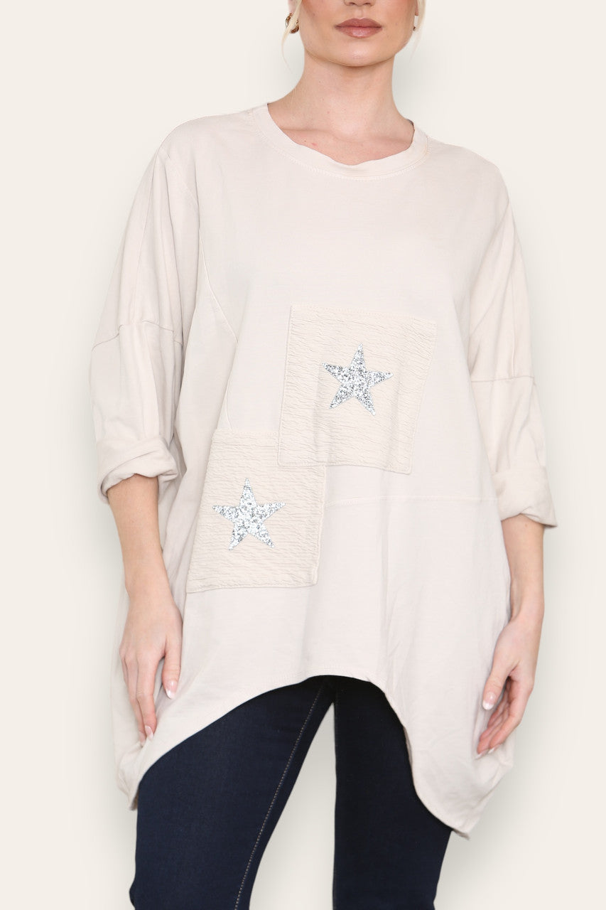 SEQUIN STAR COTTON SWEATSHIRT TOP STONE