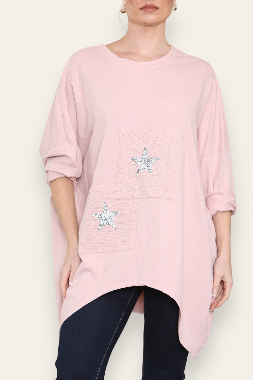 SEQUIN STAR COTTON SWEATSHIRT TOP DUSTY PINK