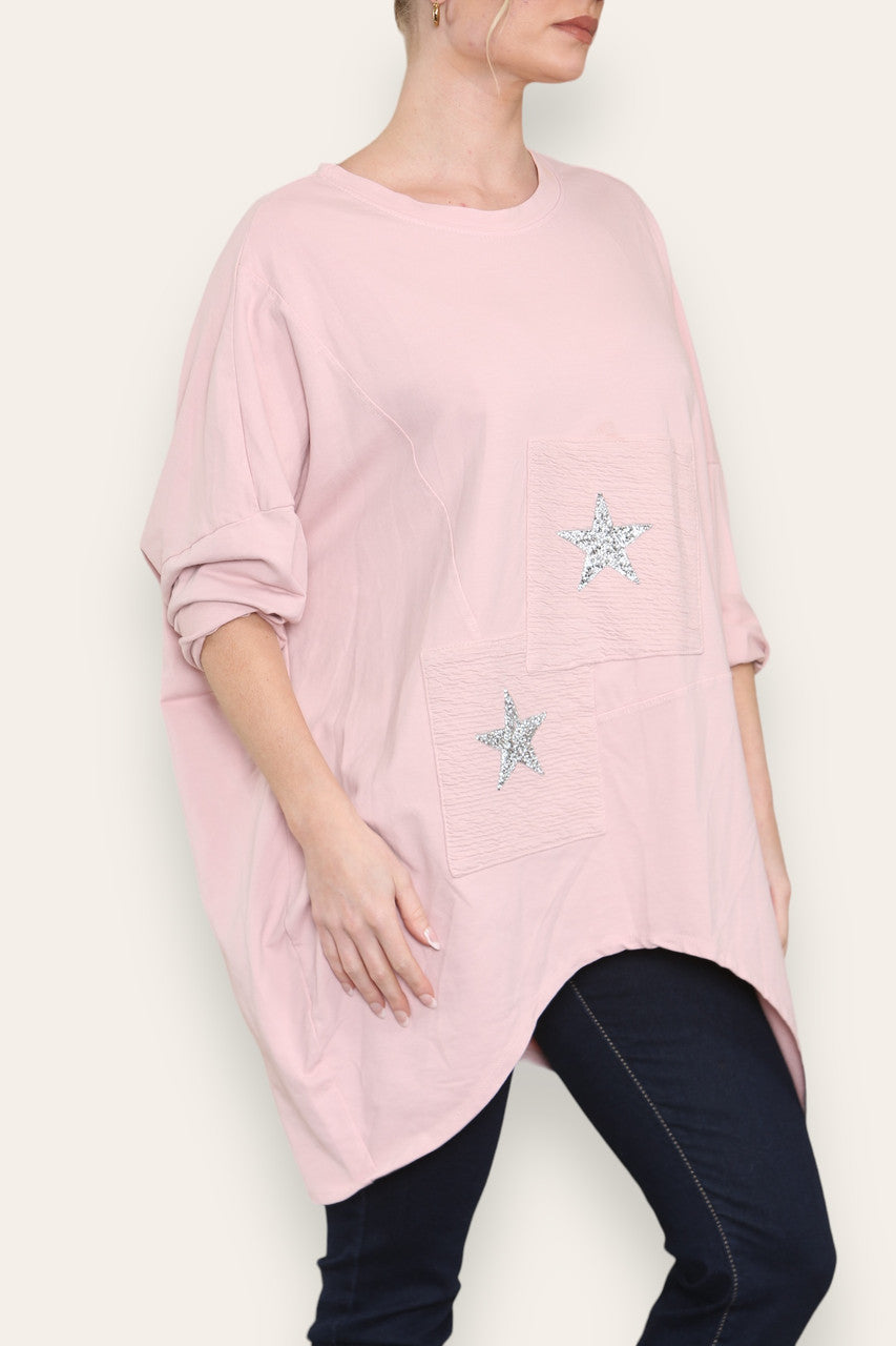 SEQUIN STAR COTTON SWEATSHIRT TOP DUSTY PINK