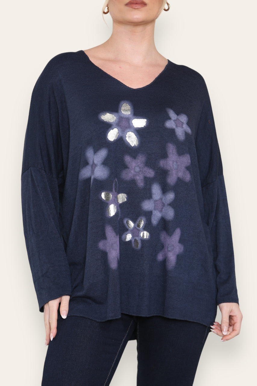 FOIL FLORAL PRINT FINE KNIT TOP NAVY
