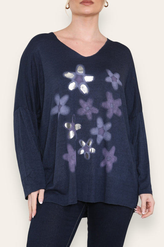 TOP VAN FIJN BREISEL MET BLOEMENPRINT EN FOLIEDRUK NAVY