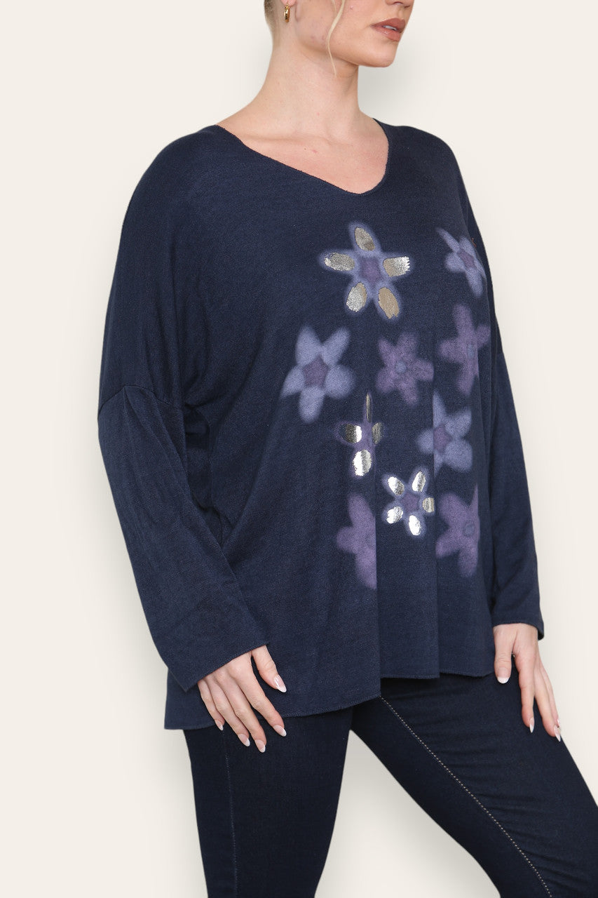 FOIL FLORAL PRINT FINE KNIT TOP NAVY