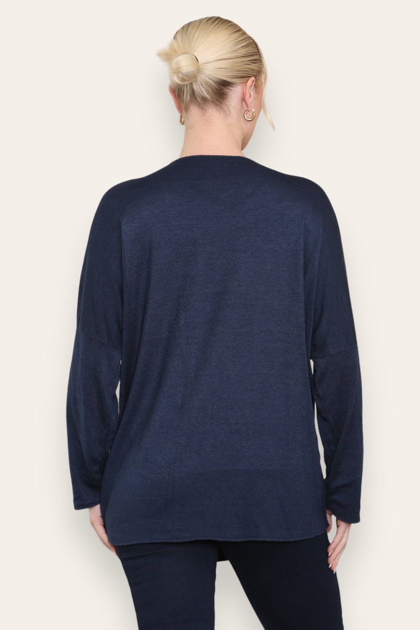 FOIL FLORAL PRINT FINE KNIT TOP NAVY