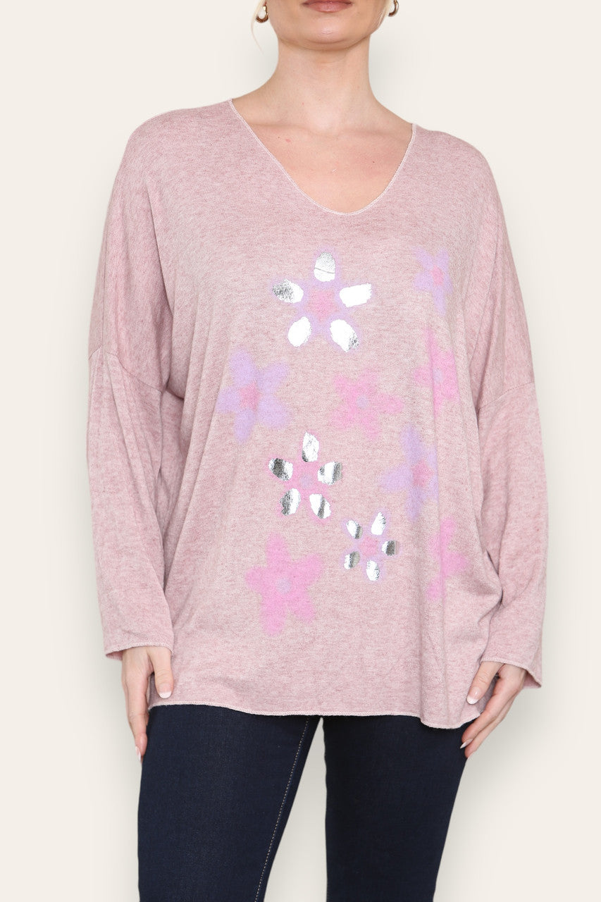 FOIL FLORAL PRINT FINE KNIT TOP DUSTY PINK