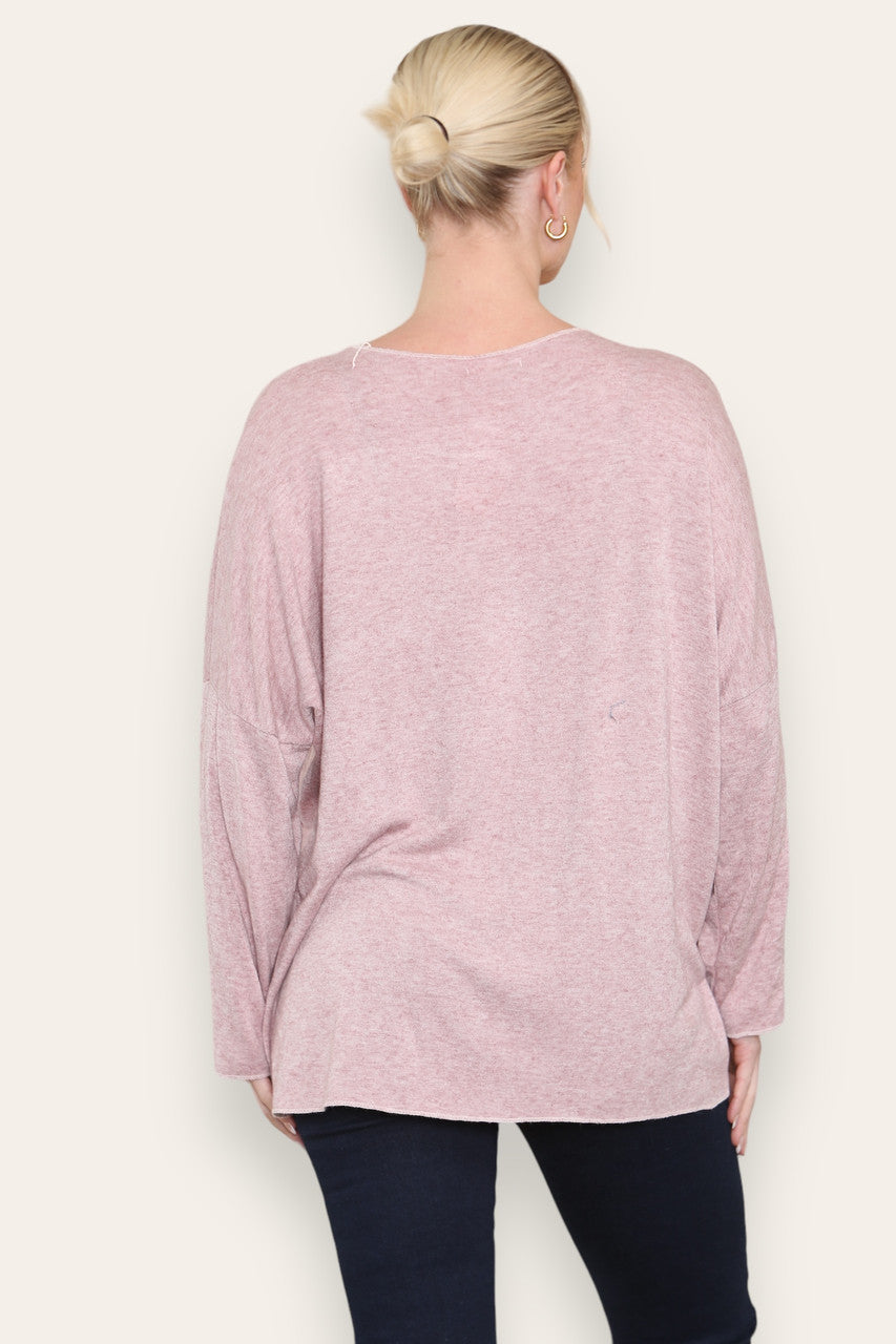 FOIL FLORAL PRINT FINE KNIT TOP DUSTY PINK
