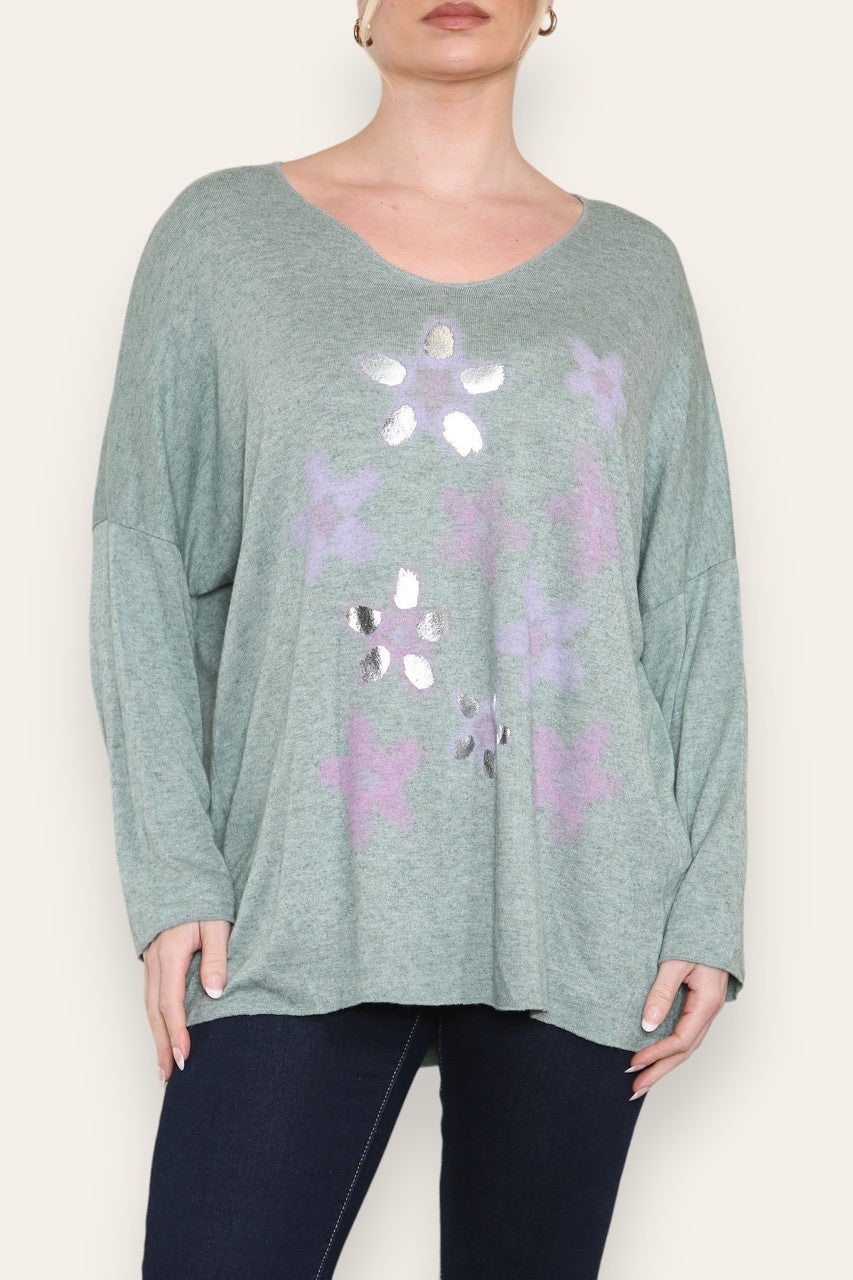 FOIL FLORAL PRINT FINE KNIT TOP KHAKI