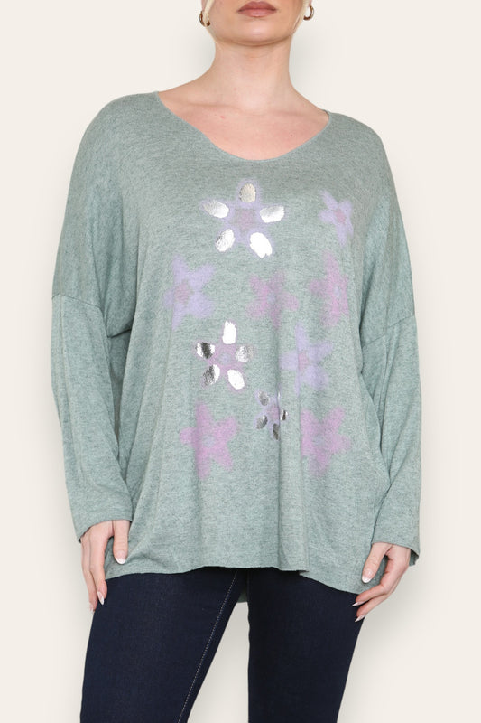 FOLIE BLOEMENPRINT FIJNGEBREIDE TOP KAKI