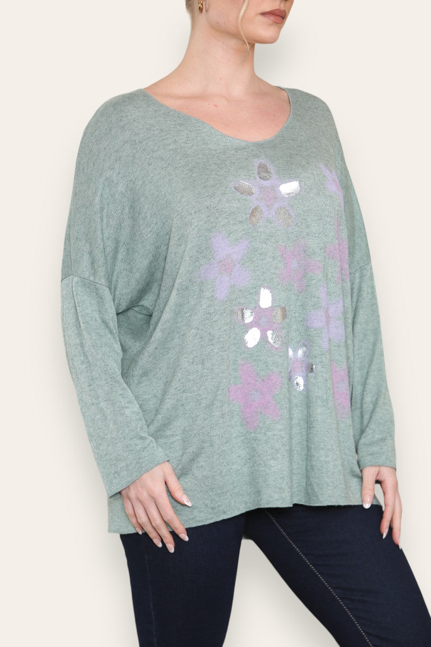 FOIL FLORAL PRINT FINE KNIT TOP KHAKI
