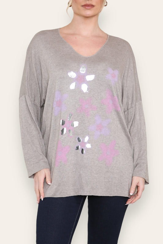 FOLIE BLOEMENPRINT FIJNGEBREIDE TOP TAUPE