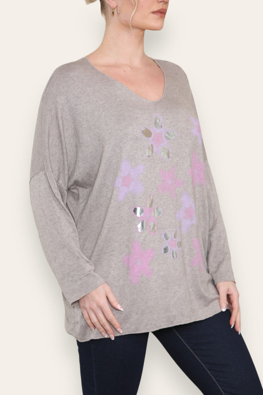 FOIL FLORAL PRINT FINE KNIT TOP TAUPE
