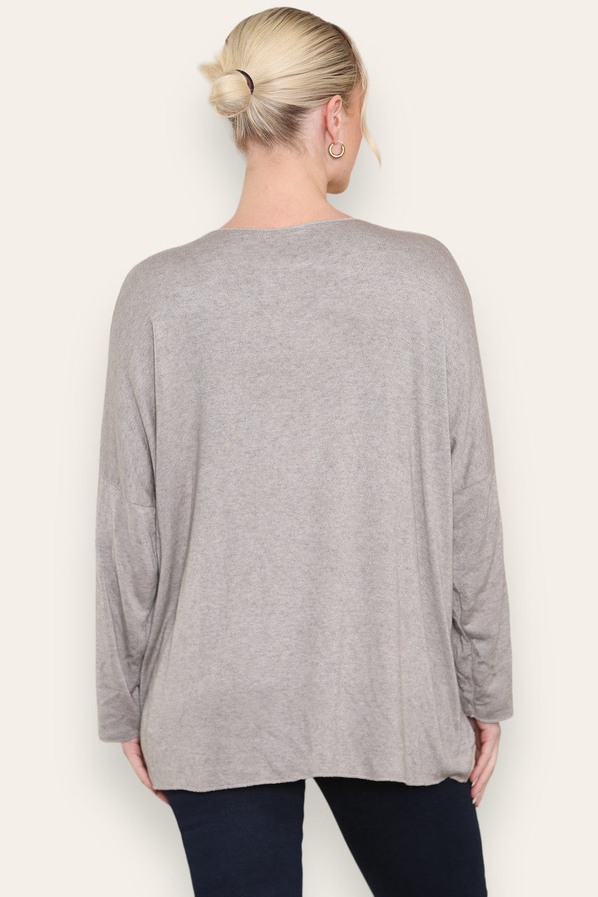FOIL FLORAL PRINT FINE KNIT TOP TAUPE