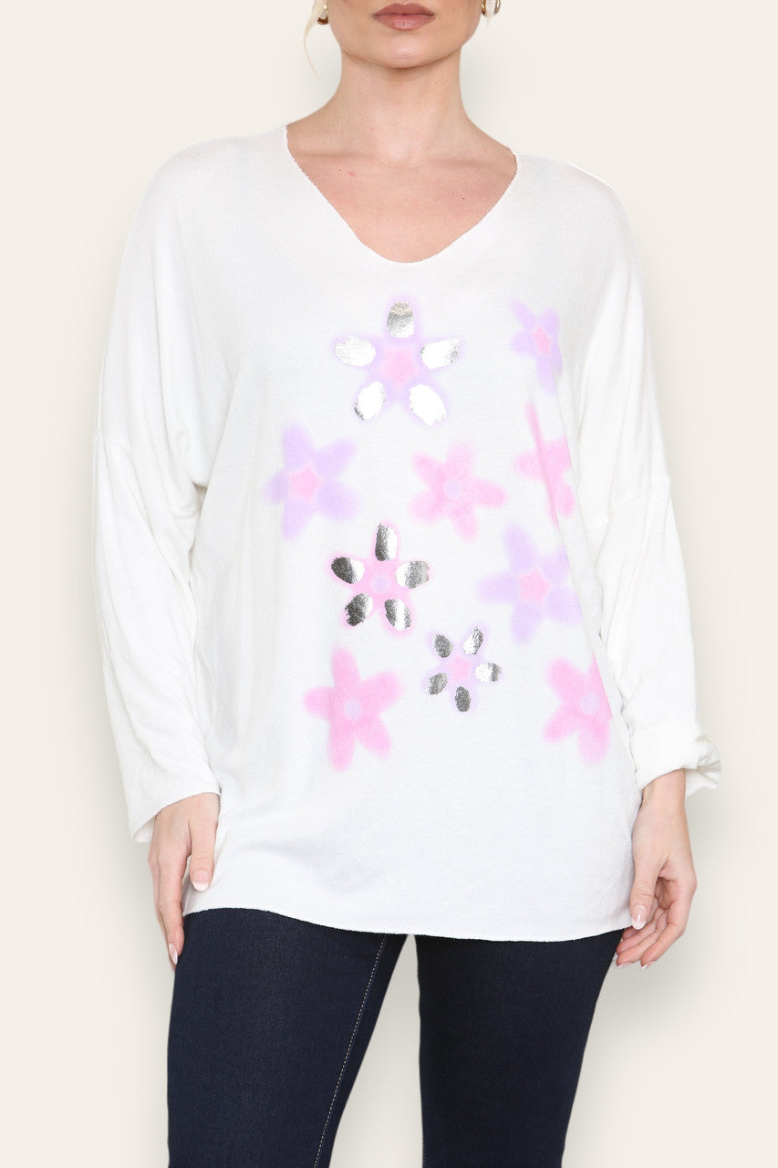 FOLIE BLOEMENPRINT FIJNGEBREIDE TOP WIT