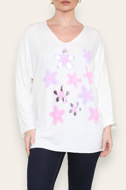 FOLIE BLOEMENPRINT FIJNGEBREIDE TOP WIT