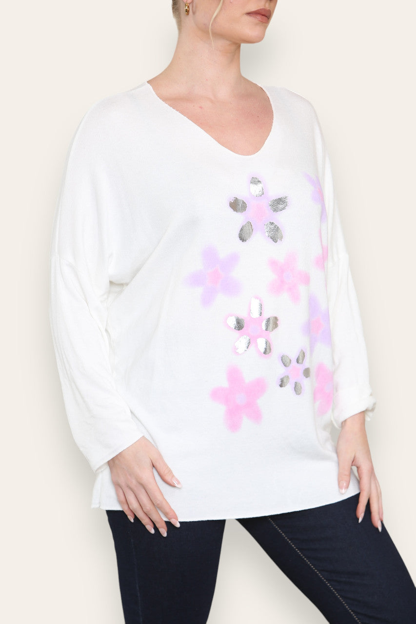 FOLIE BLOEMENPRINT FIJNGEBREIDE TOP WIT
