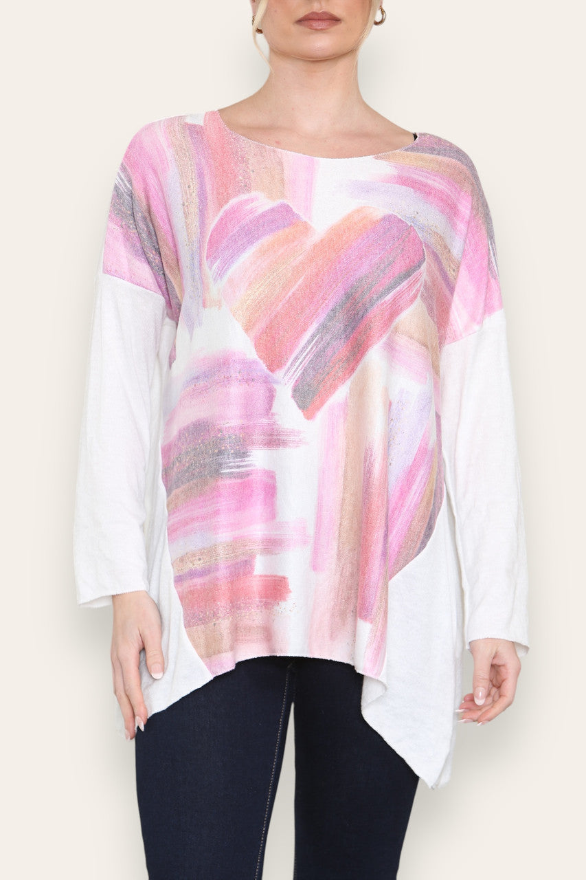 WATERCOLOUR HEART FINE KNIT TOP WHITE