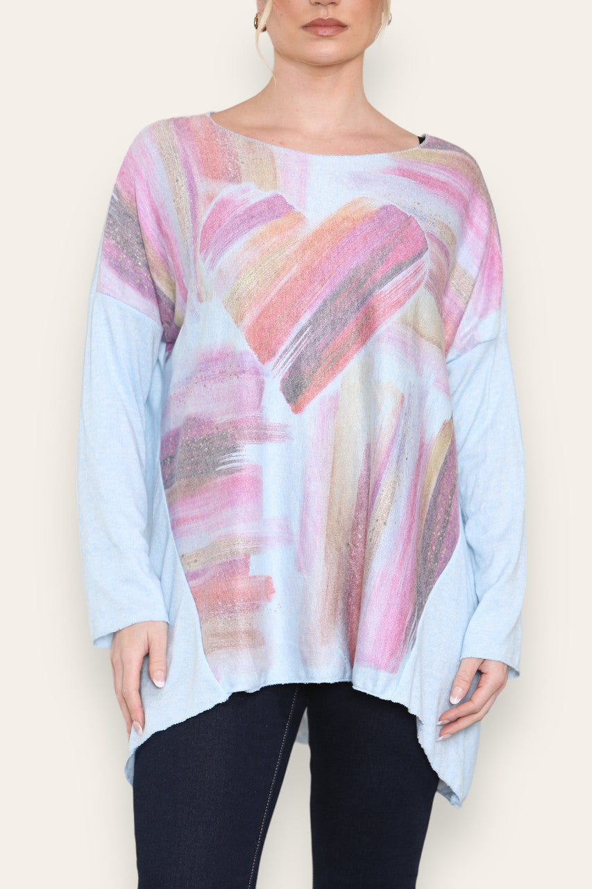 WATERCOLOUR HEART FINE KNIT TOP LIGHT BLUE