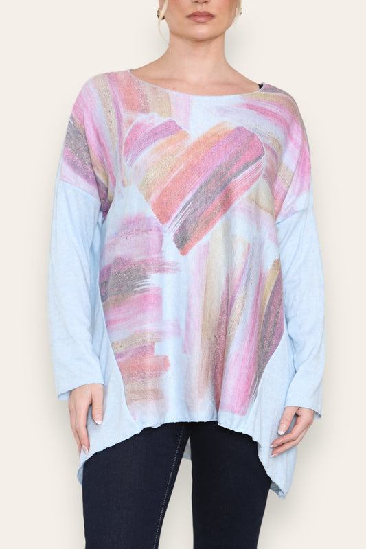 WATERCOLOUR HEART FIJNGEBREIDE TOP LICHTBLAUW