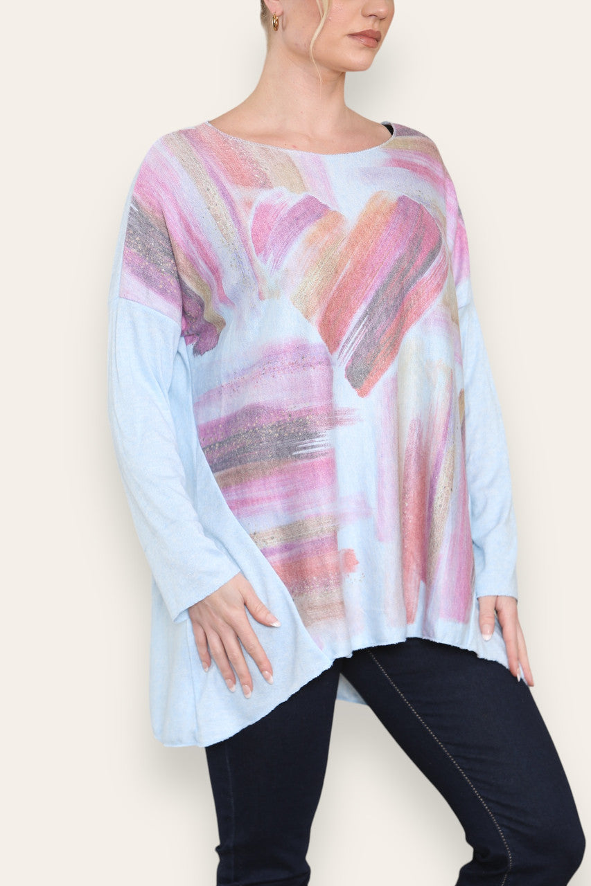WATERCOLOUR HEART FINE KNIT TOP LIGHT BLUE