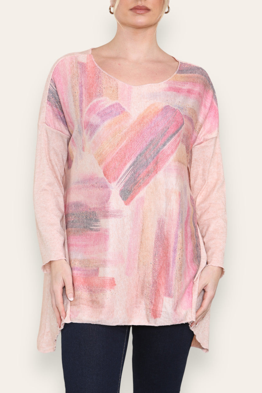 WATERCOLOUR HEART FINE KNIT TOP DUSTY PINK