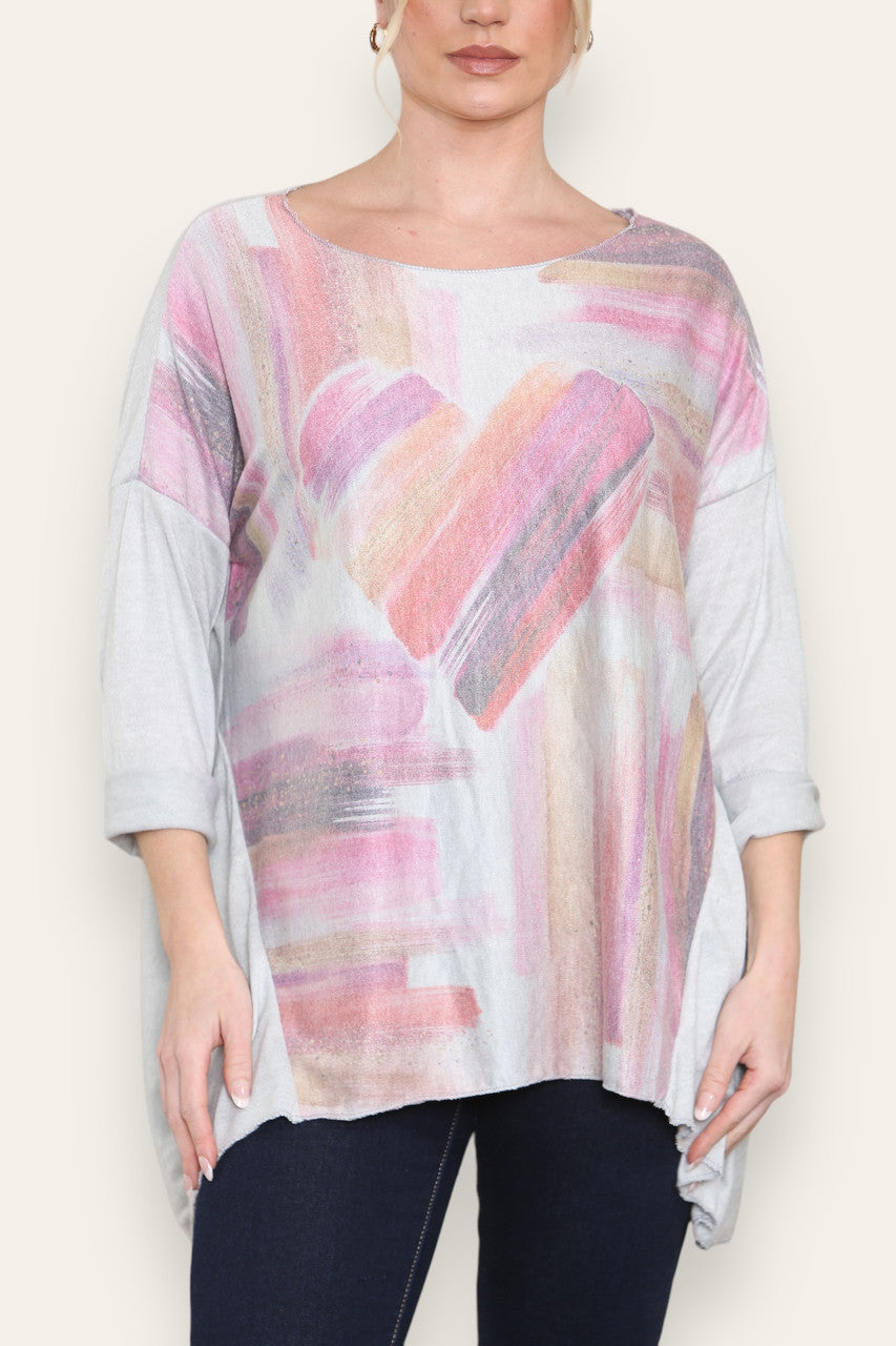 WATERCOLOUR HEART FINE KNIT TOP SILVER GREY