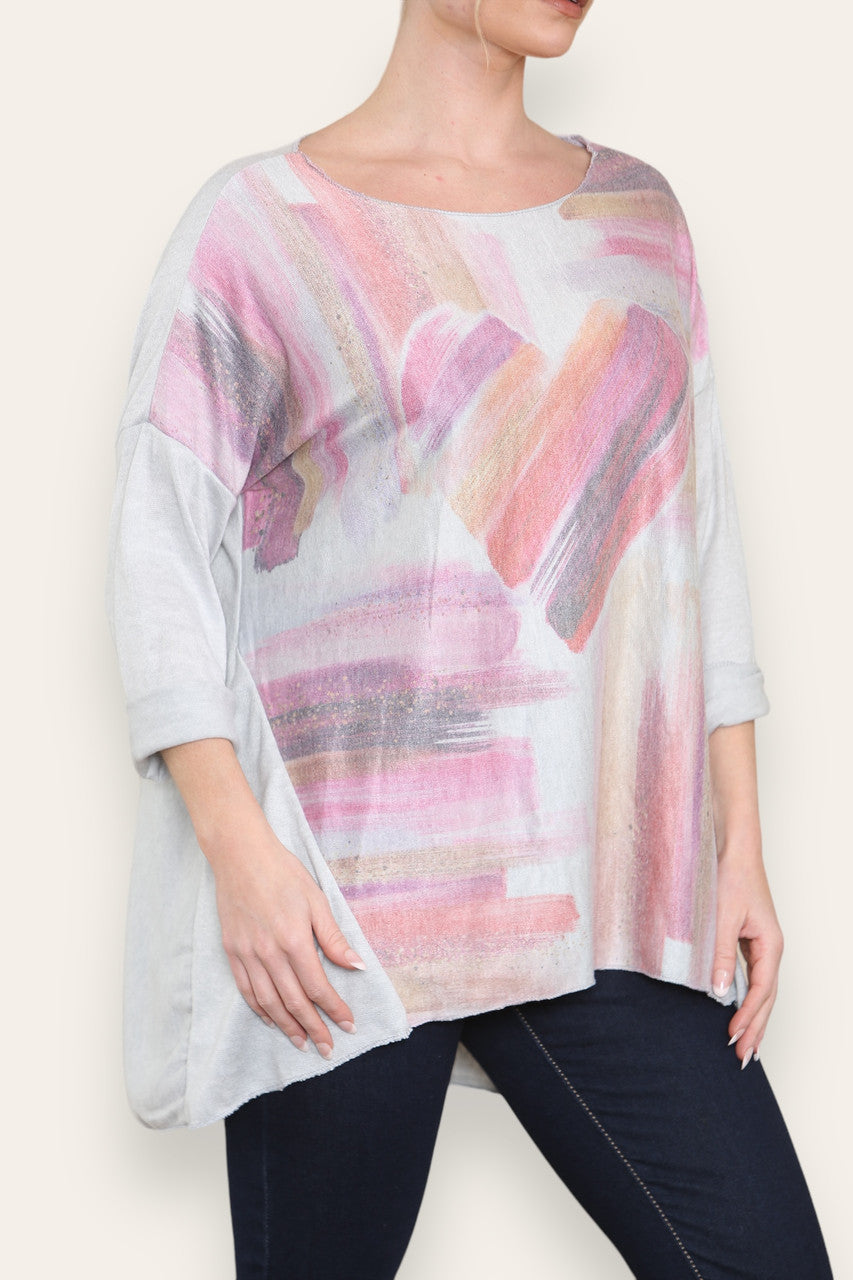 WATERCOLOUR HEART FINE KNIT TOP SILVER GREY
