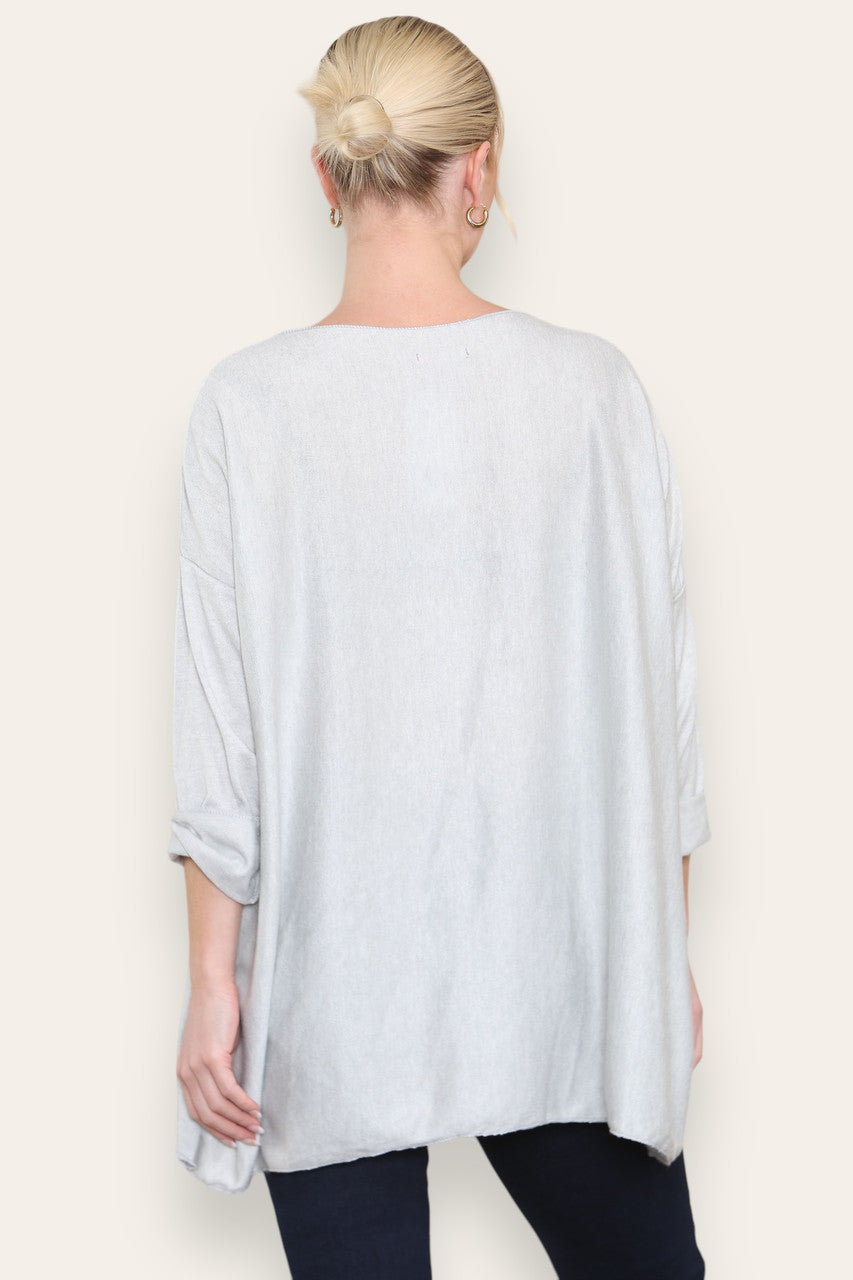 WATERCOLOUR HEART FINE KNIT TOP SILVER GREY