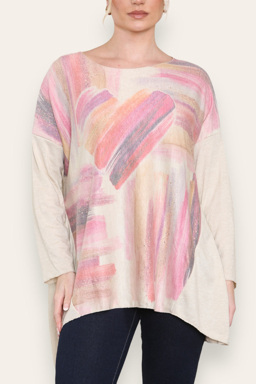 WATERCOLOUR HEART FINE KNIT TOP STONE