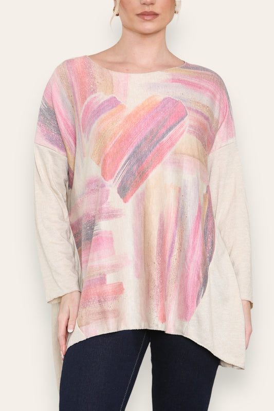 WATERCOLOUR HEART FIJNGEBREIDE TOP STEEN