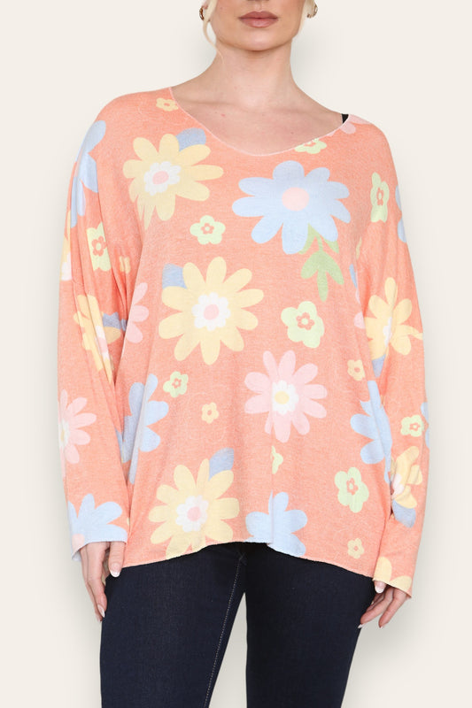 COLOURFUL DAISY FLORAL PRINT FINE KNIT TOP ORANGE