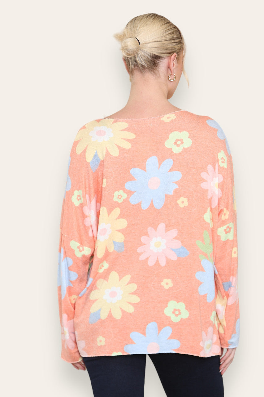 KLEURRIJKE MADELIEF BLOEMENPRINT FIJNGEBREIDE TOP ORANJE