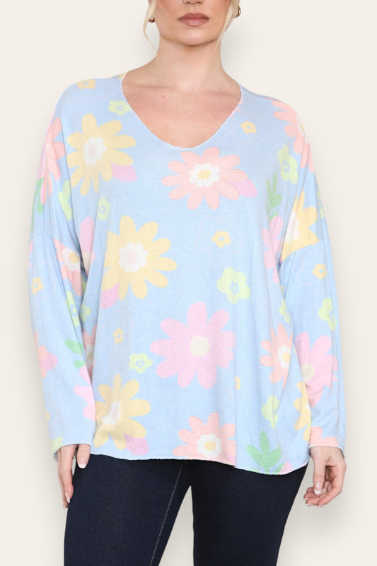 COLOURFUL DAISY FLORAL PRINT FINE KNIT TOP LIGHT BLUE