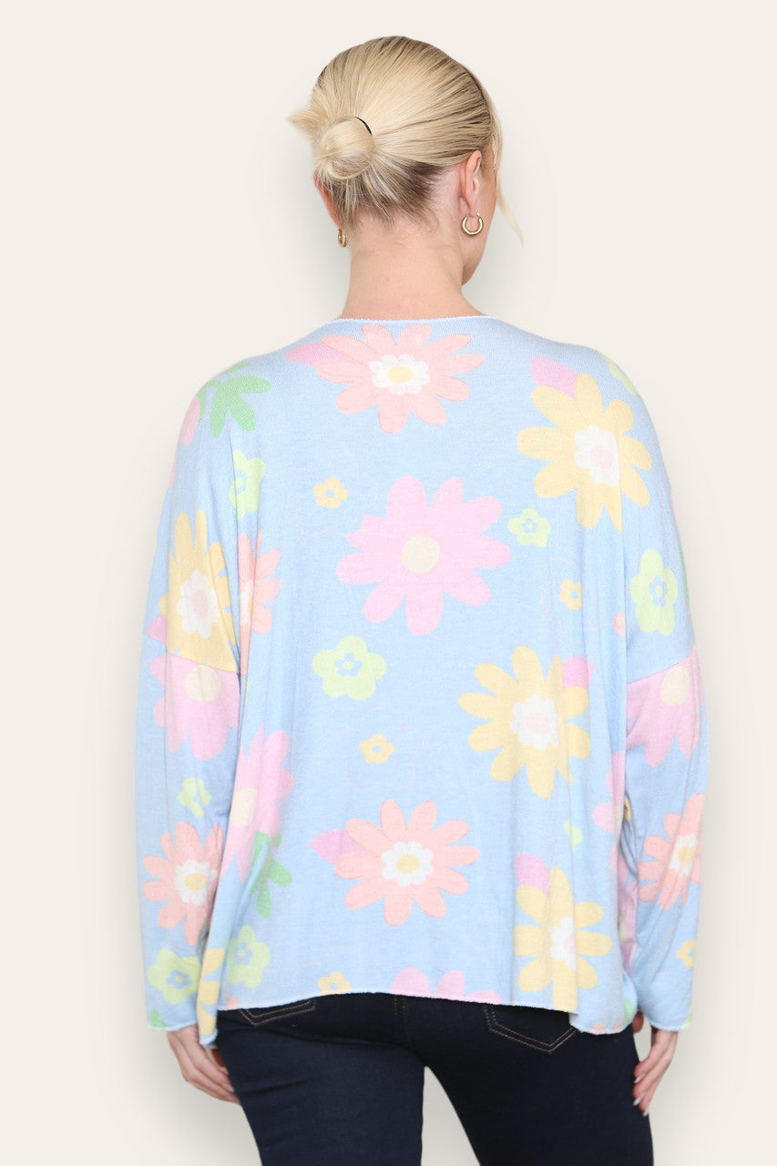 COLOURFUL DAISY FLORAL PRINT FINE KNIT TOP LIGHT BLUE