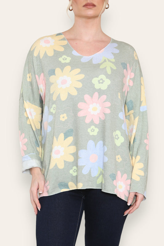 COLOURFUL DAISY FLORAL PRINT FINE KNIT TOP KHAKI