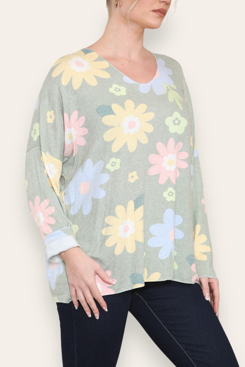 COLOURFUL DAISY FLORAL PRINT FINE KNIT TOP KHAKI
