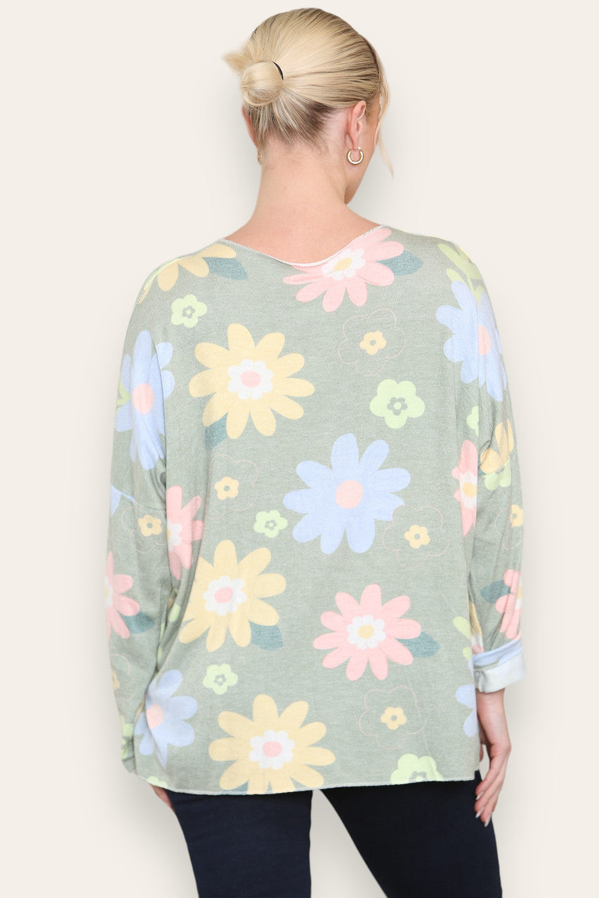 COLOURFUL DAISY FLORAL PRINT FINE KNIT TOP KHAKI